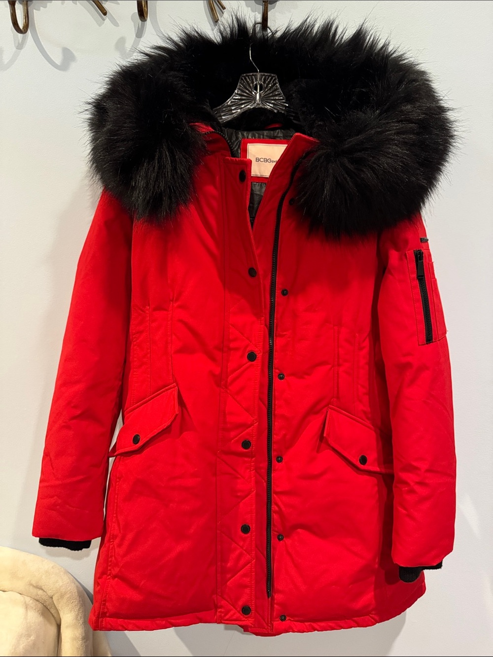 BCBGeneration Red Winter Parka Jacket with Black Faux Fur Hood - Size L (NWOT)